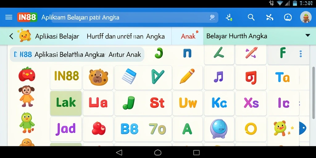 Tampilan aplikasi IN88 untuk belajar huruf dan angka.
